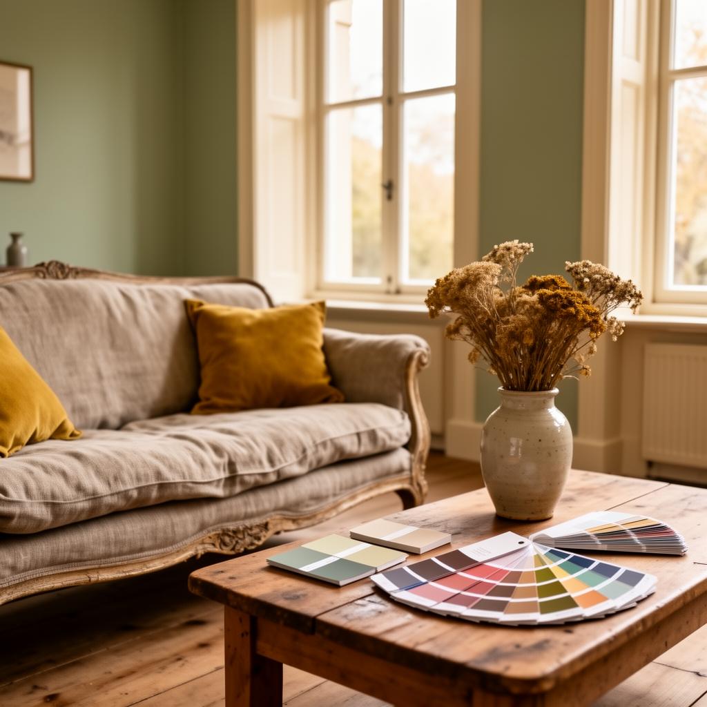 Warm Nederlands interieur met salie groene wanden en kleurstalen